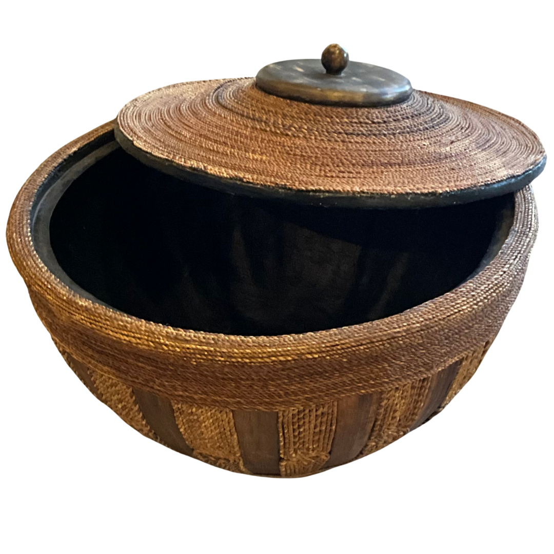 Natural Woven Fiber & Wood Container with Lid
