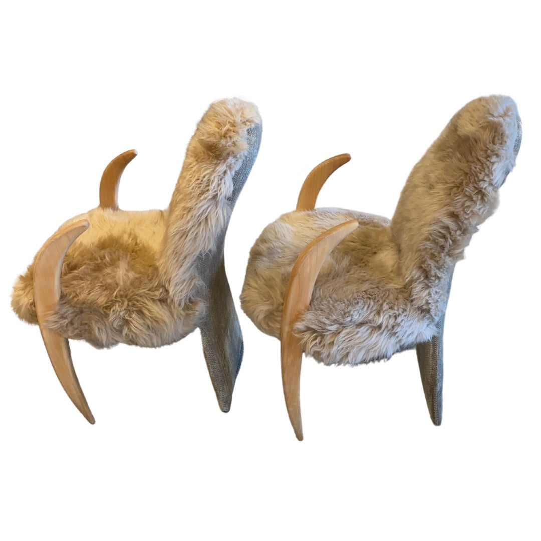 Memphis Style Pair of Sheep Skin "Tusk" Chairs