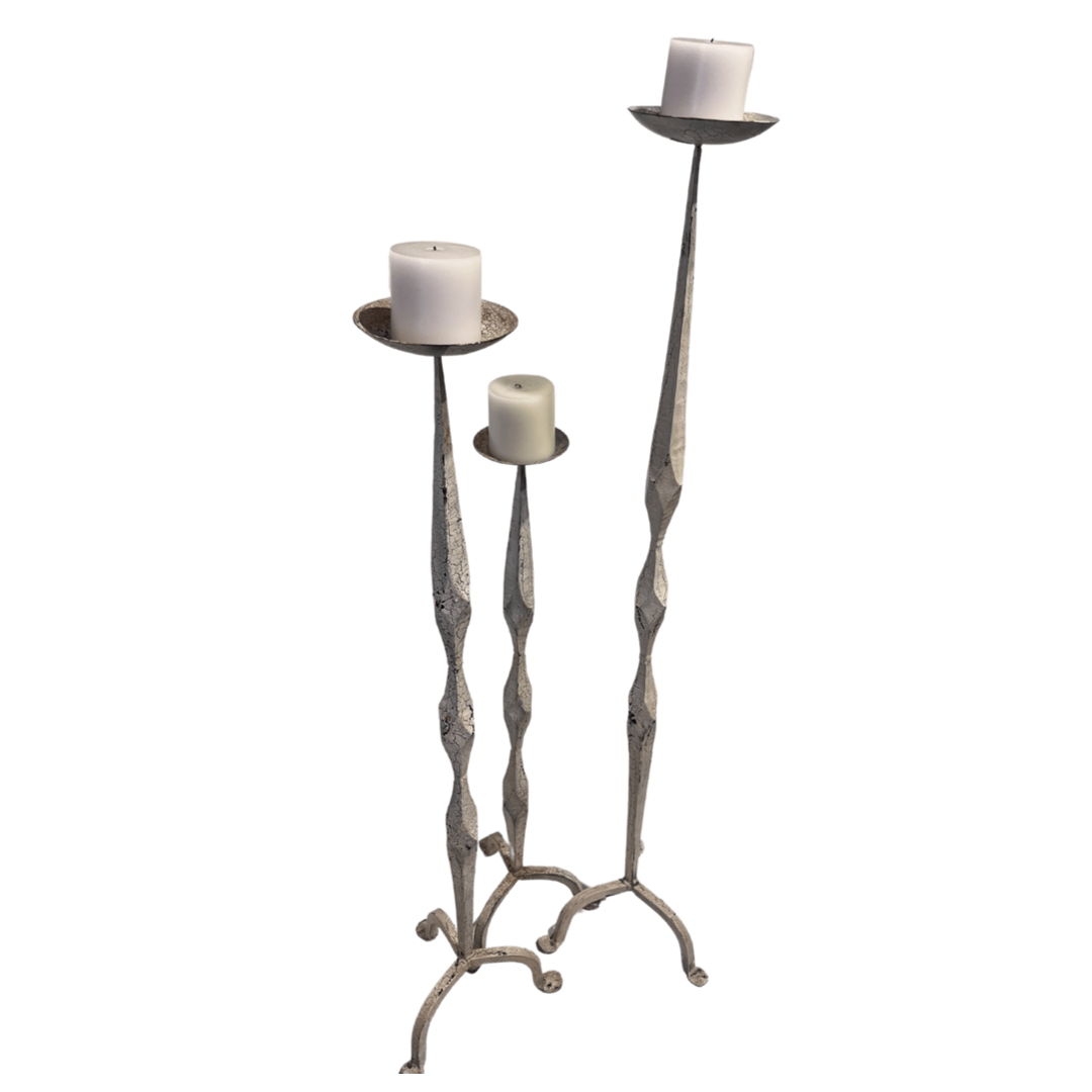 Heavy White Patina Iron Candle Stand Trio