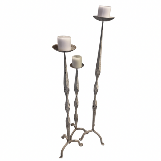 Heavy White Patina Iron Candle Stand Trio