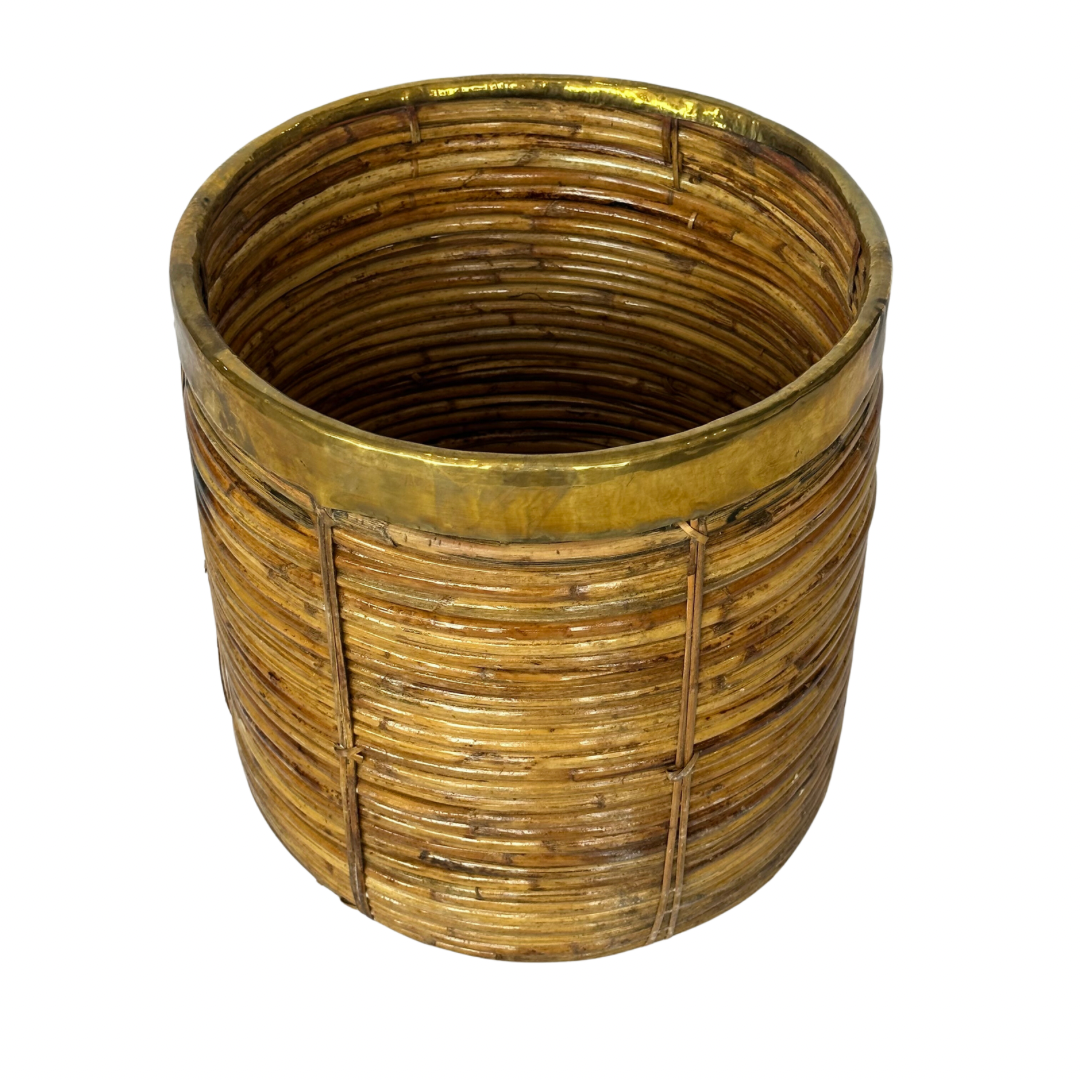 Large Rattan & Brass Woven Basket