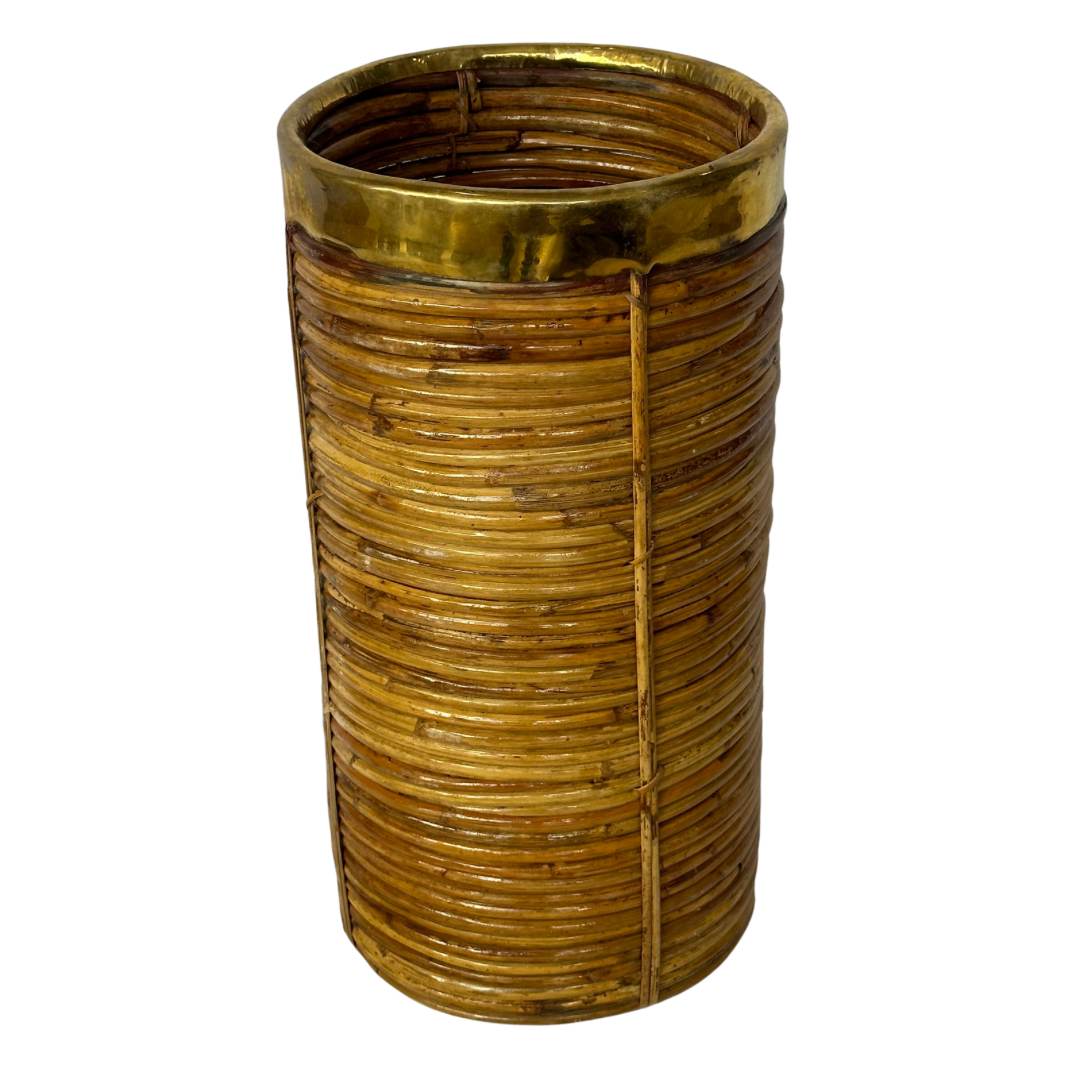 Tall Rattan Basket with Brass Trim Top