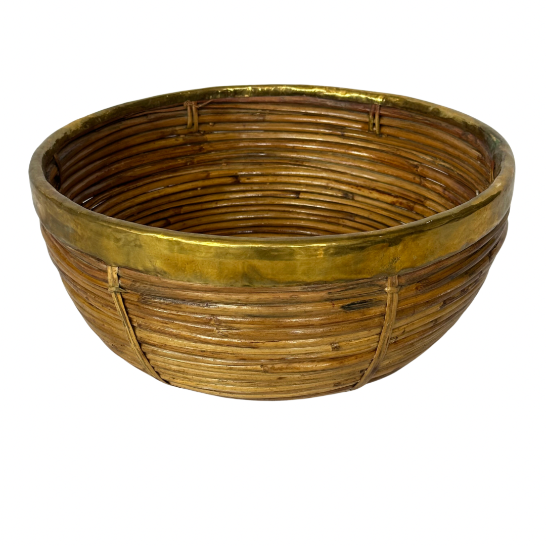 Rattan Bowl with Brass Trim Top