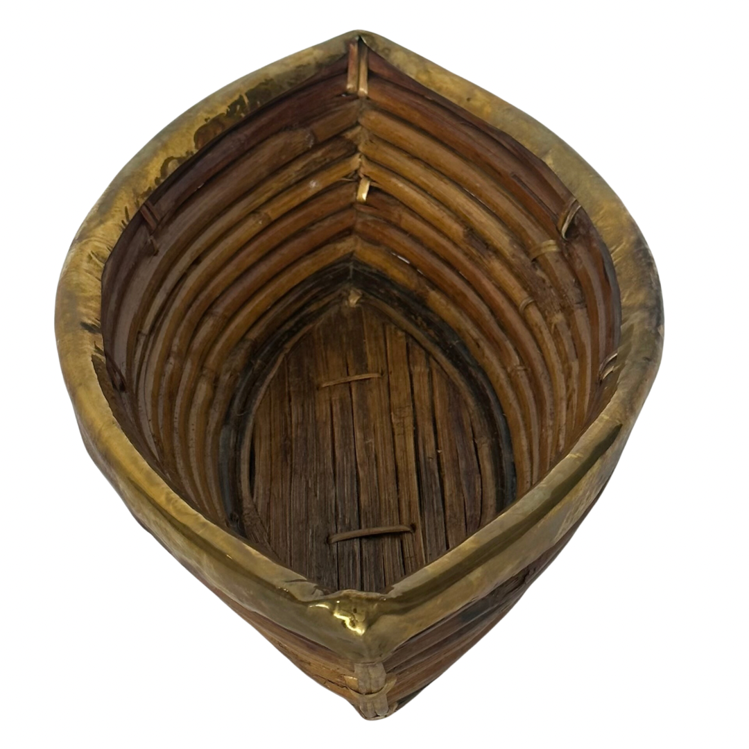 Hand Crafted Rattan Boat Bowl with Brass Trim