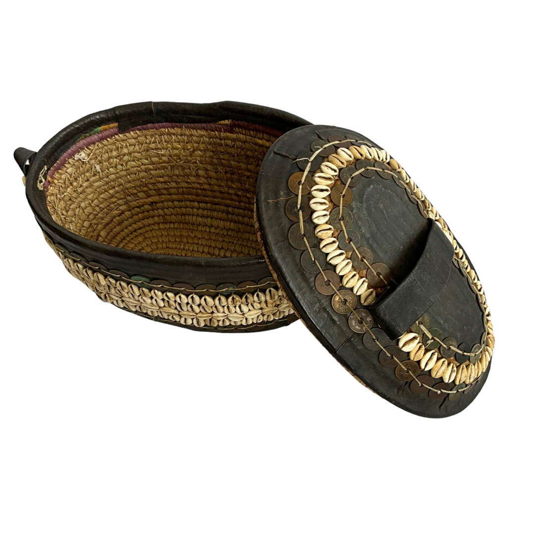 Large Nigerian Leather & Cowrie Shell Basket