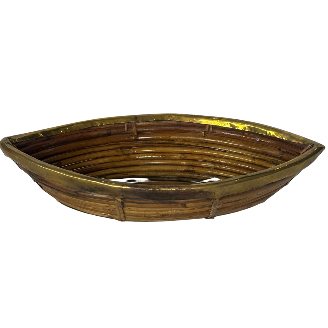 Hand Crafted Rattan Boat Bowl with Brass Trim