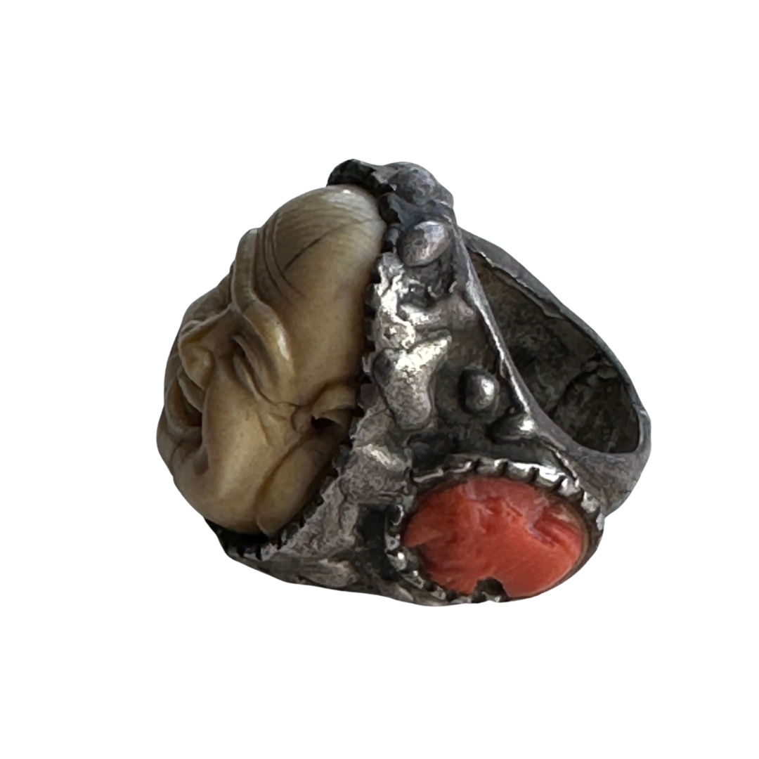 Bone Buddha Ring with Coral Accent