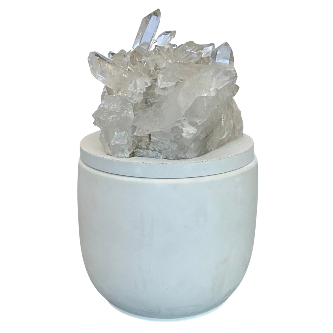 Large Clear Quartz Crystal Cluster Lid Gardenia Candle